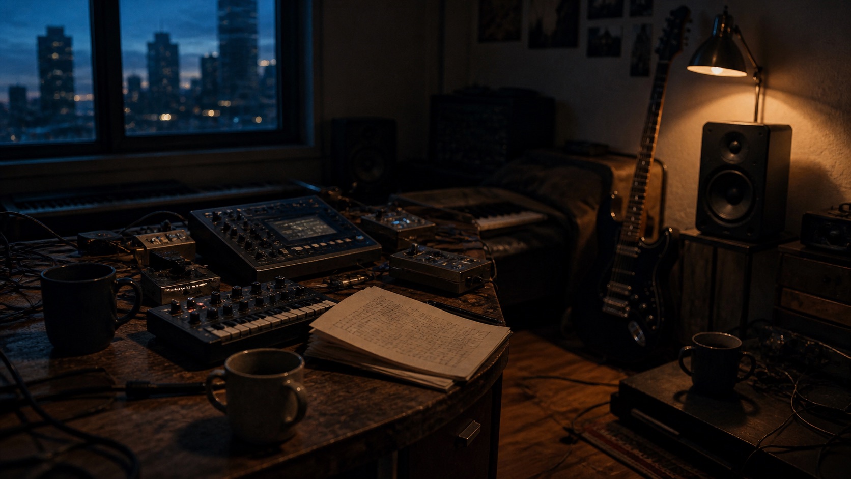 A working desk at four in the morning: synthesizer, sampler, monitors, pedals, an electric guitar against the wall, two mugs, handwritten pages, one copper lamp.