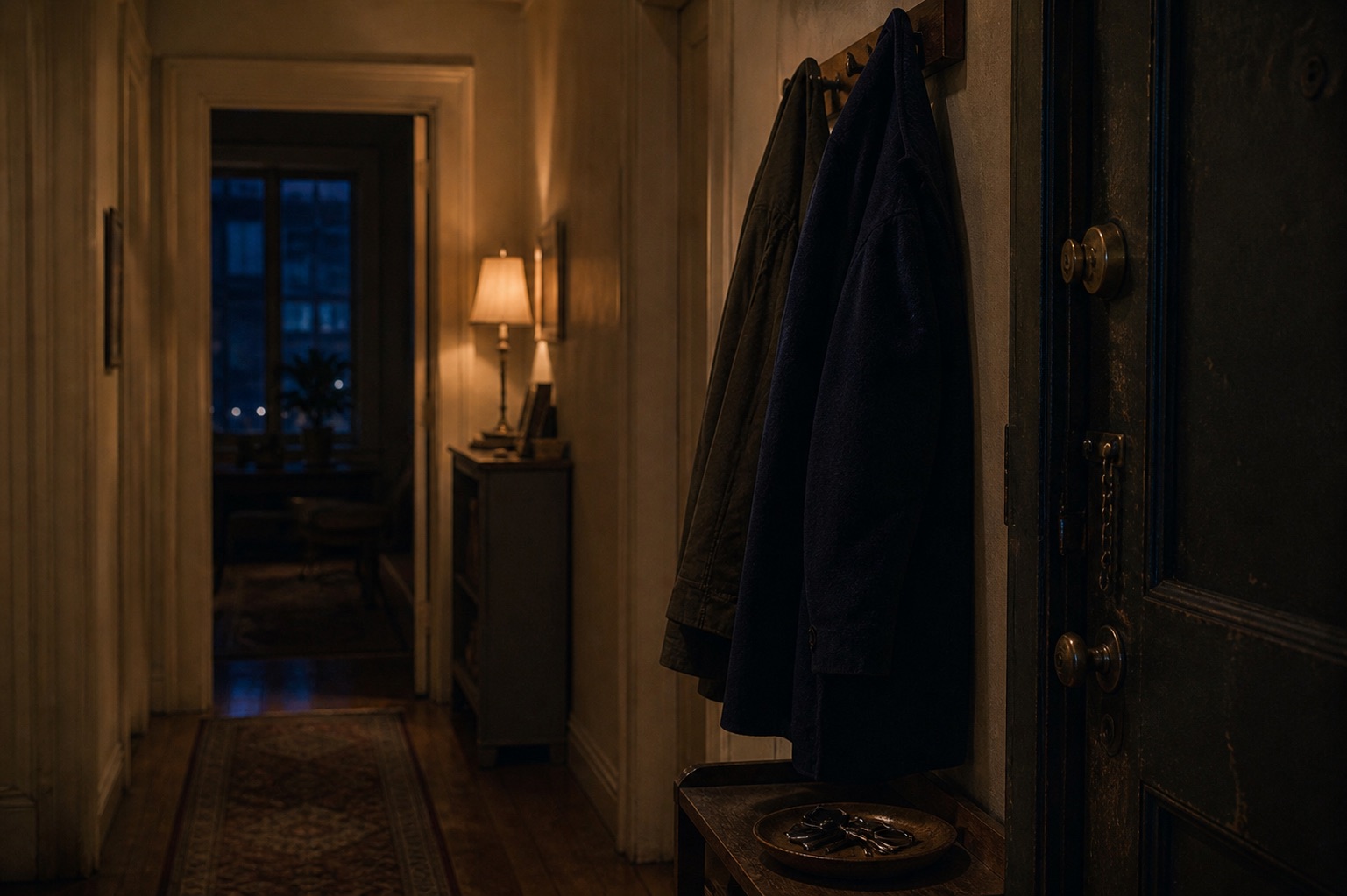 The hallway inside the front door at night: a closed door with a deadbolt, two coats on a hook, two sets of keys in a dish, a lamp left on further down the hall.