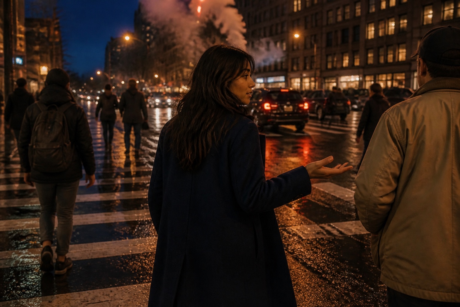 Nova Sinclair crossing a wide avenue at night after rain, coat open, one hand out mid-gesture, taxi lights and steam behind her.
