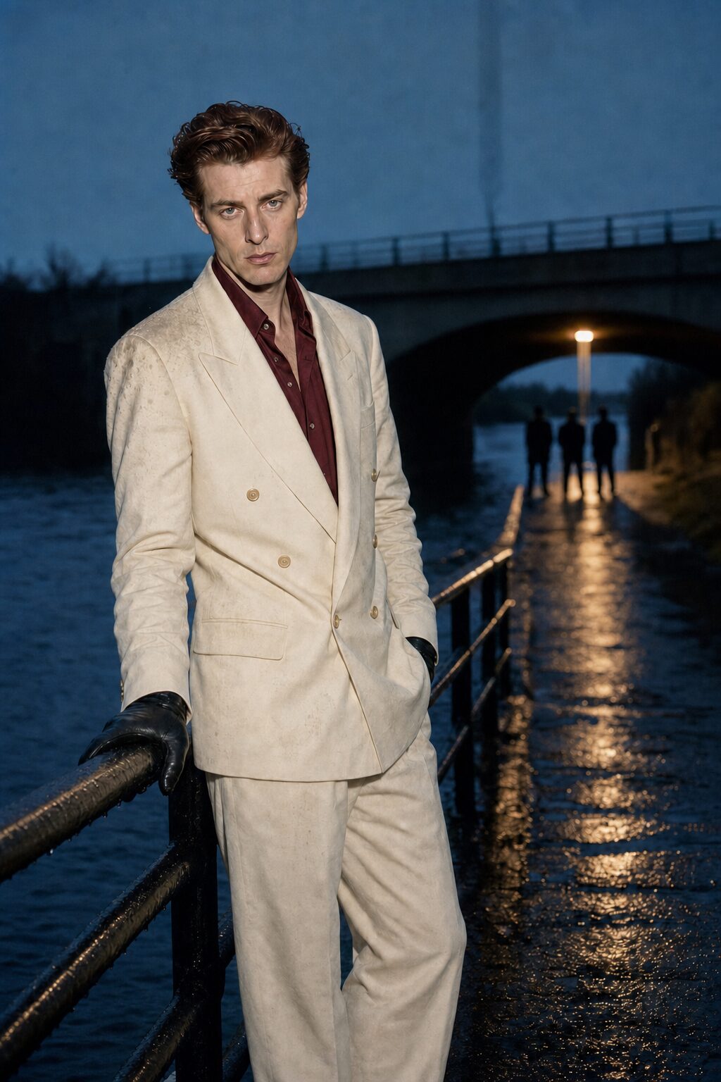 Julian Vane at a river rail at dusk in a stained cream suit and black gloves, three figures under the bridge behind him.