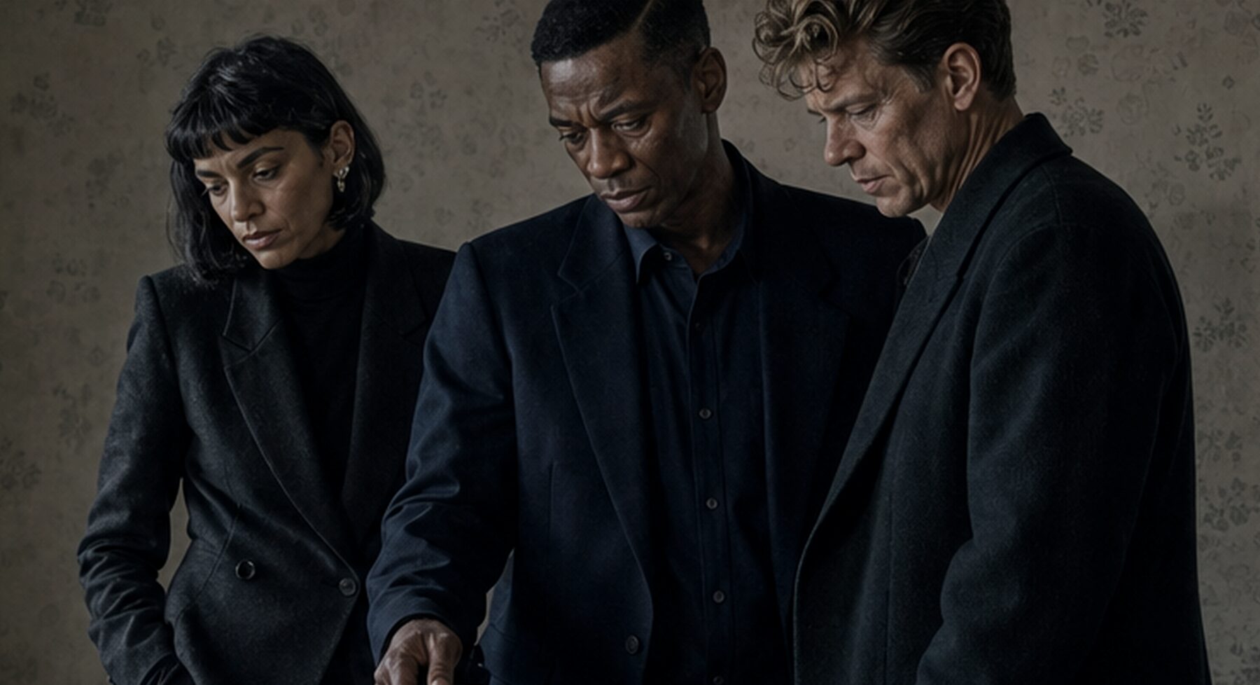 Quill, Mercer and Bell in dark coats standing over a tape machine in a papered room, 2025.