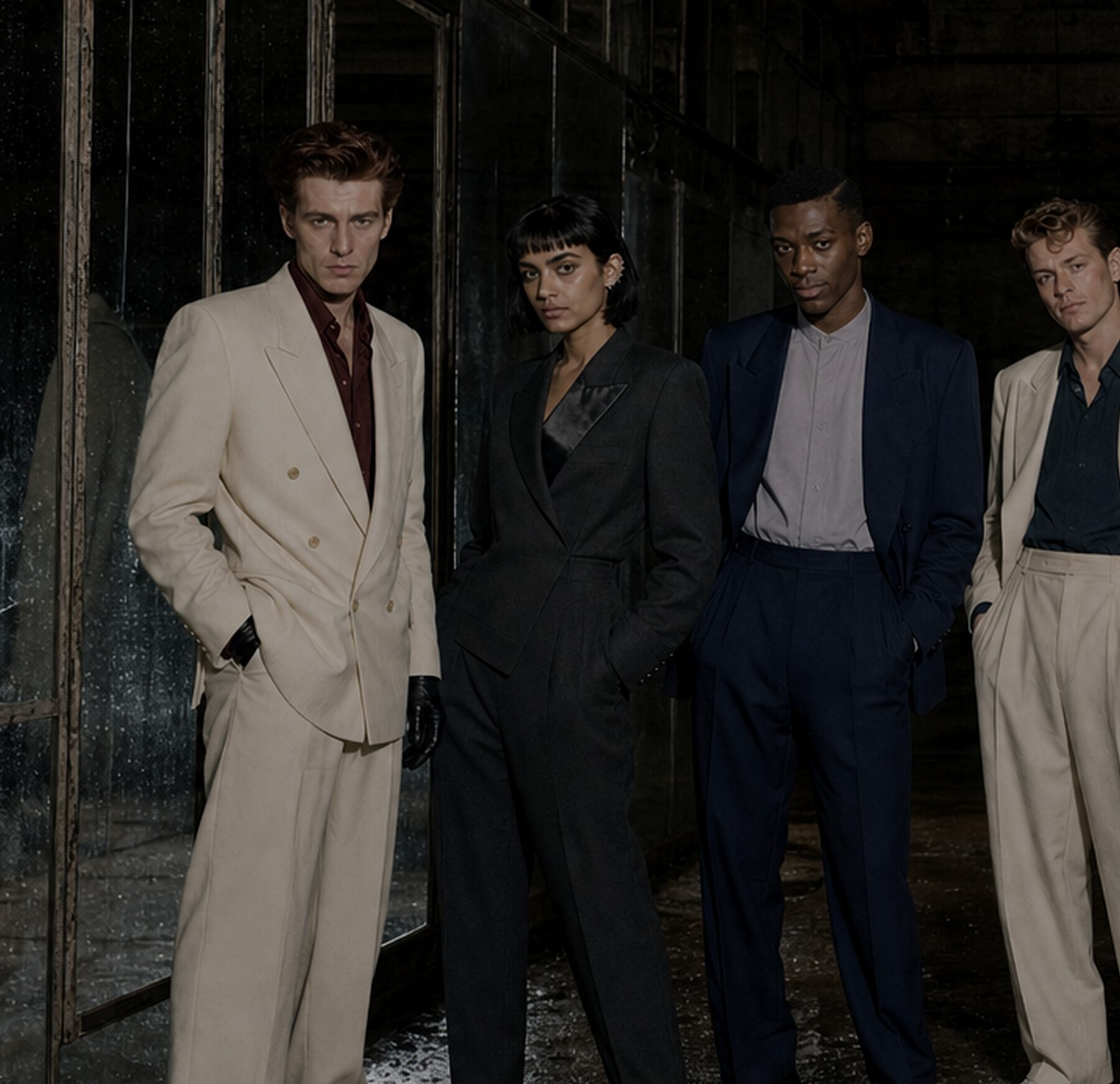 Glass Census photographed in a disused Nottingham lace warehouse, 1985: four figures in oversized cream and charcoal suiting.