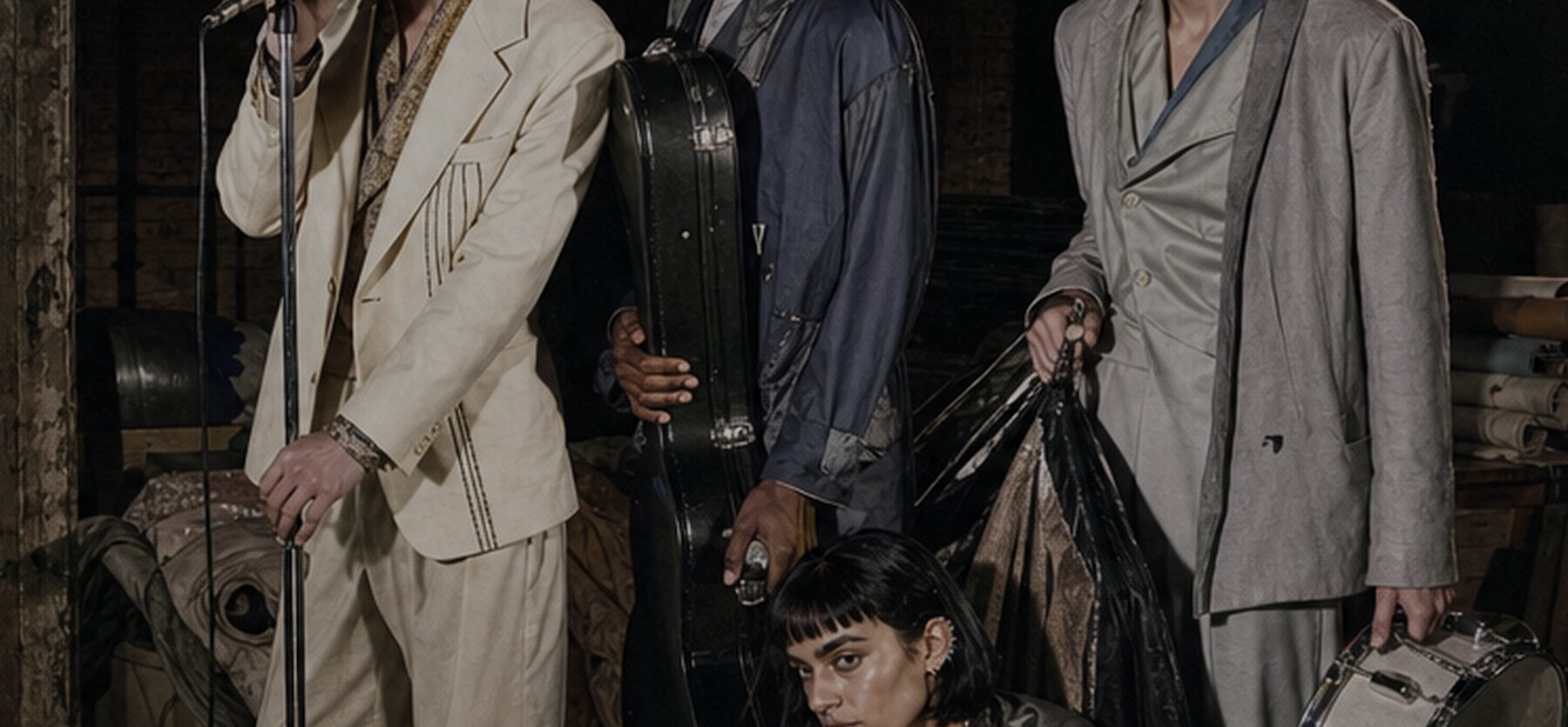The band loading out: a cased double bass, bin liners of clothing, a snare drum carried by its rim.